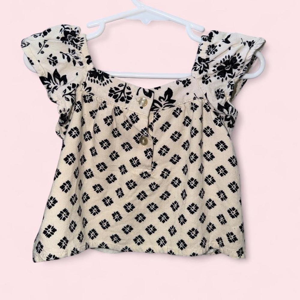 Haute Hippie Kids Black White Floral Flutter Sleeve Button Back Top 2T
